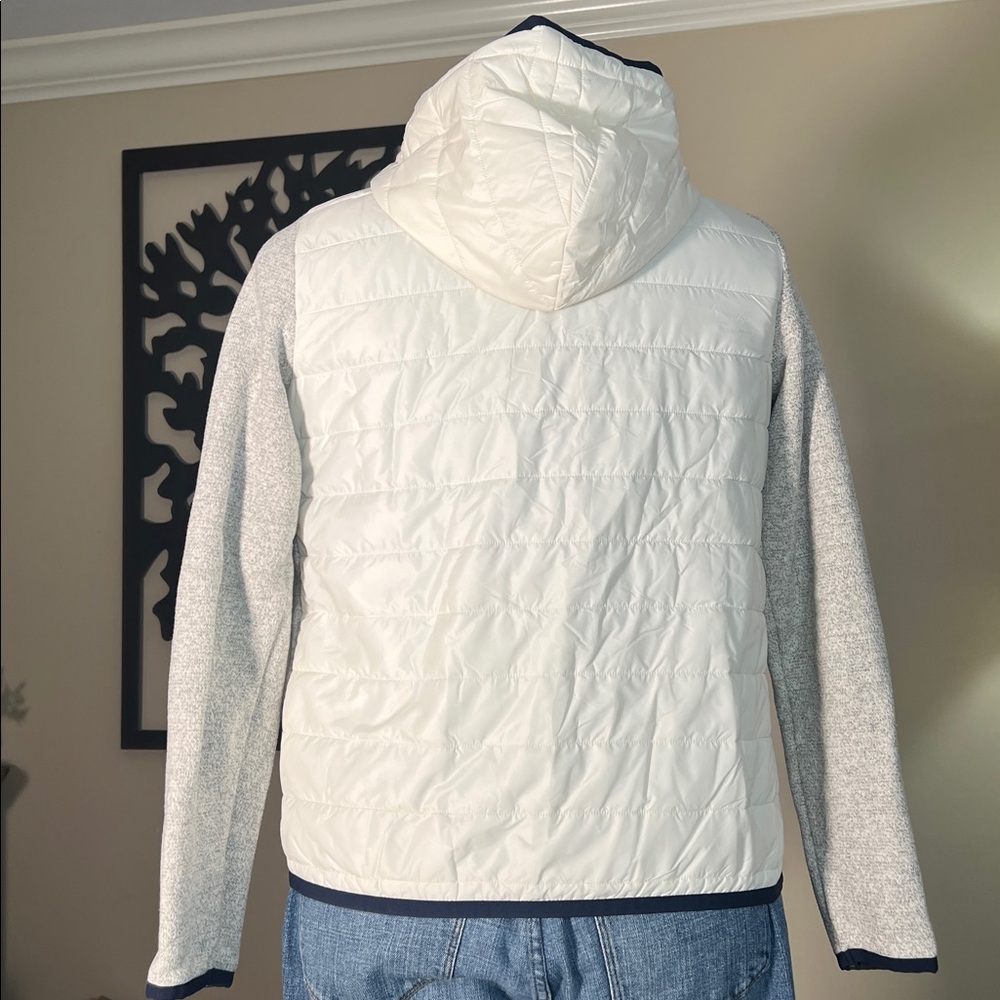 Tommy Hilfiger athluxe hooded fleece puffer hoodie zip jacket gray navy cream M - Picture 3 of 9